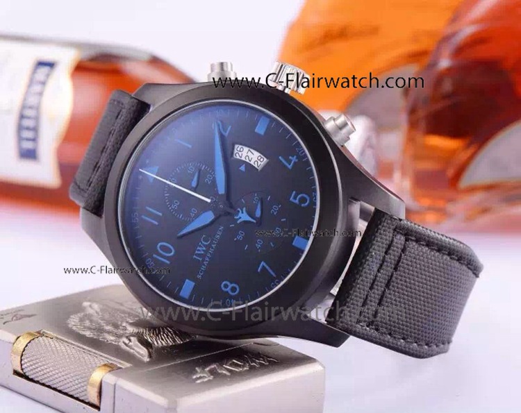 Fake IWC Schaffhausen TopGun Black Case Leather Band Watch